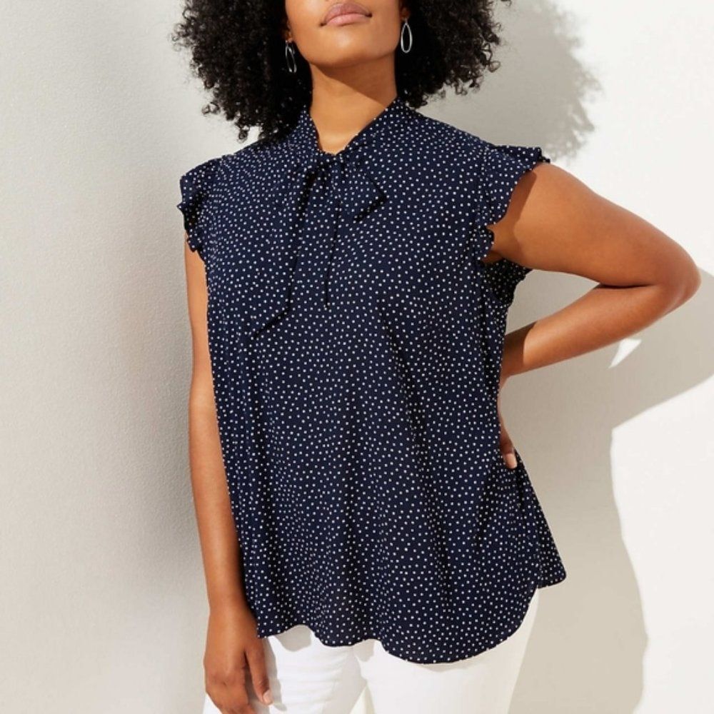 NWT LOFT Spotted Bow Flutter Shell Navy Polka Dot Sleeveless Blouse, Size Large